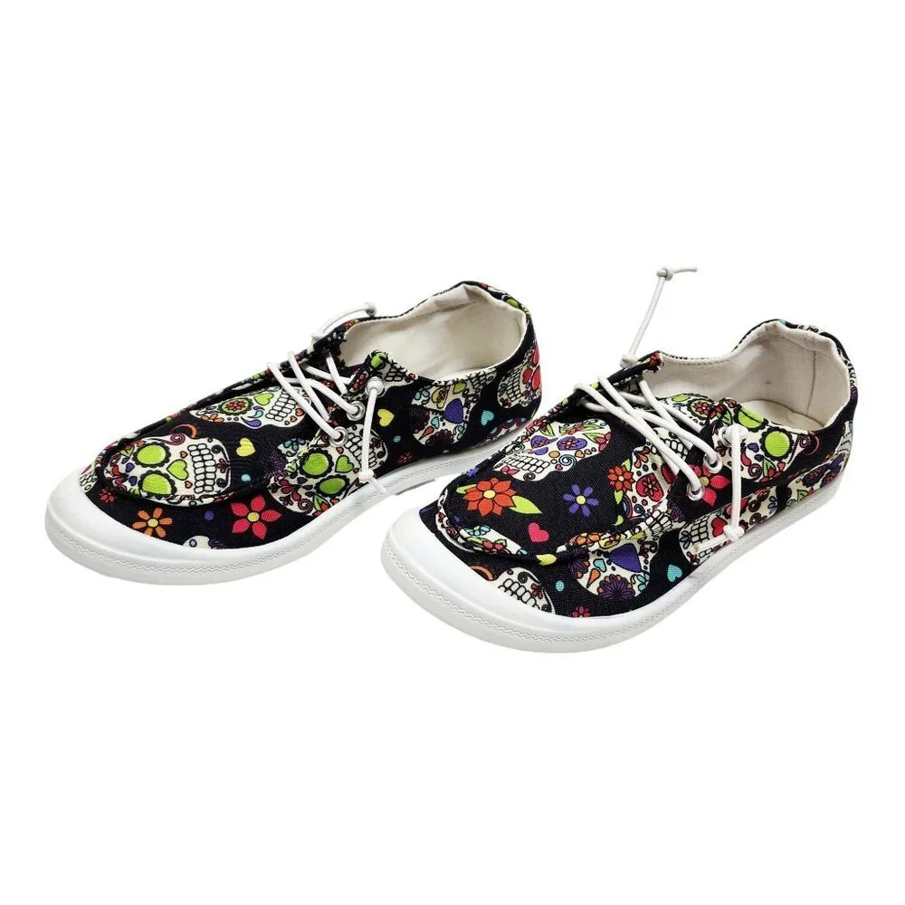 Girls Skull Pattern Shoes Size 4 Lace-Up Sneakers Sugar Skulls Day Of The Dead - Picture 4 of 11